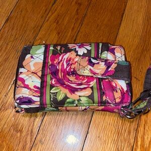 Vera Bradley ENGLISH ROSE Brown Floral Carry It All Wristlet Zip Around Wallet